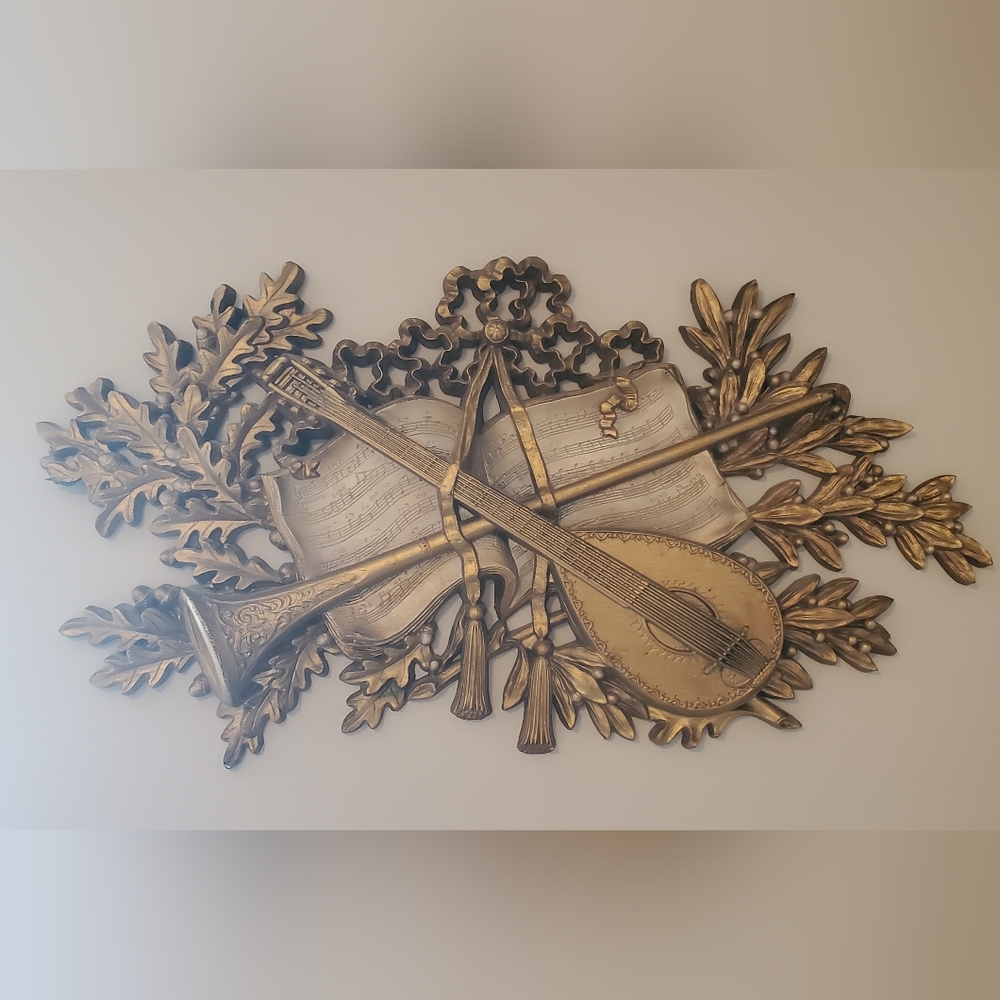 Vtg BURWOOD Wall Hanging Instrument Music Book Mandolin Horn Gold 9075 MCM Decor